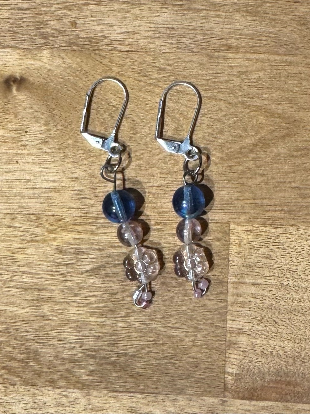 Handcrafted Blue and Pink Glass Bead Dangle Earrings